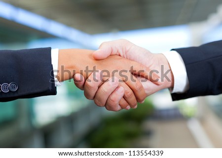 Businessman and businesswoman shaking hands at the office