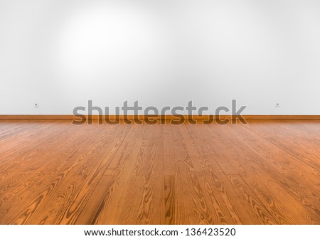 Empty white wall with spot lights and wooden floor