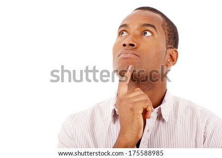 Portrait of young thoughtful african man isolated over white background