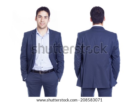 Front and back views of a handsome business man, isolated on white background