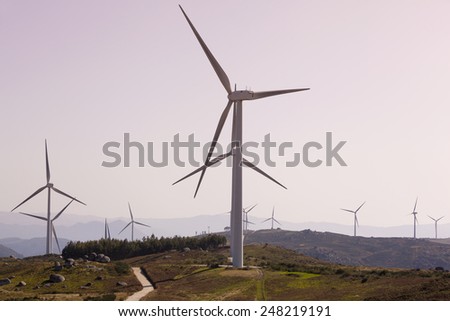 Windmills at windfarm - renewable electric energy production