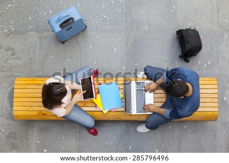 Top view of students studying at the main hall university