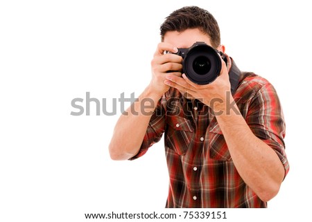 Young photographer with camera isolated on white Young photographer with camera isolated on white