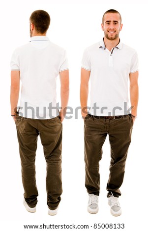 Front and back of a young casual man full body standing isolated over white