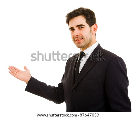 Happy businessman with arm out in a welcoming gesture , isolated on white background