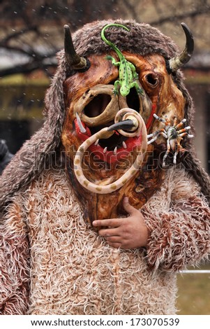 PERNIK, BULGARIA - JAN 25, 2014: Traditional Kukeri costume are seen at the the International Festival of the Masquerade Games Surva in Pernik, Bulgaria. Photo taken on: January 25th, 2014
