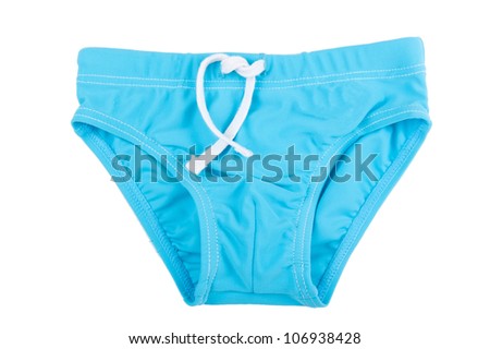 Blue children\'s swimming trunks on white isolated background