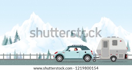 Happy couple driving car on road in winter, Family vacation travel, holiday trip in motorhome, Caravan car Vacation in winter holiday trip flat design vector illustration.