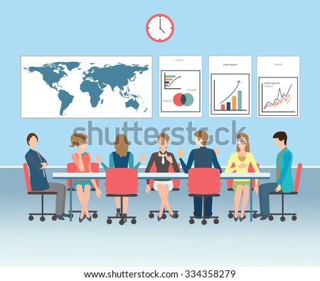 Business meeting, office, teamwork, brainstorming in flat style, conceptual vector illustration.