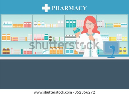 Female pharmacist at the counter in a pharmacy opposite of shelves with medicines, Health care conceptual vector illustration.