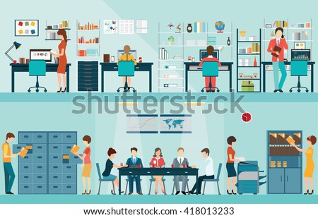 Office people with office desk and Business meeting or teamwork, brainstorming in flat style vector illustration.