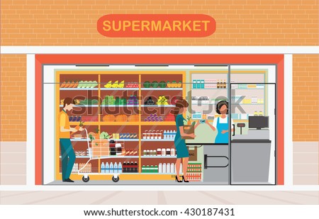 People in supermarket grocery store, Supermarket building and interior with fresh food on shelves and counter cashier, Flat vector illustration.