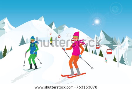 Couple skiing in the mountains against blue sky, Winter sport and recreation,winter holiday vacation and Ski resort concept vector illustration.