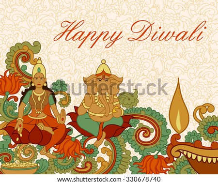Vector design of Goddess Lakshmi and Lord Ganesha for Diwali prayer in Indian art style