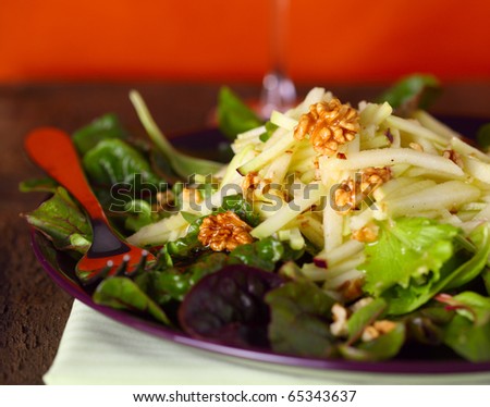 Winter salad(Salad leaves with kohlrabi, apples and walnuts )