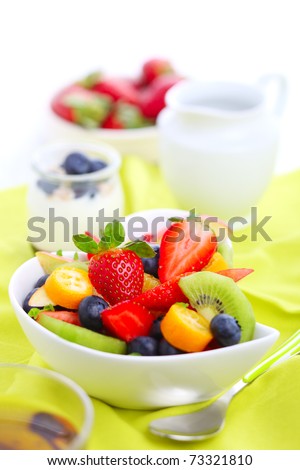 Breakfast- fresh salad with fruits and berries, tea and yogurt