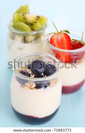 Natural yogurt with jam and fresh berries (strawberry, blueberry, kiwi)