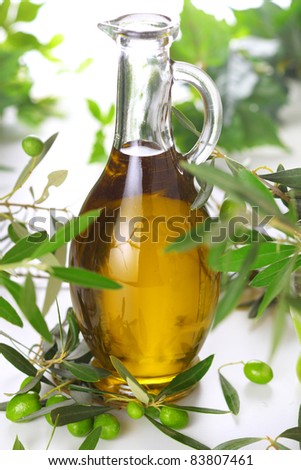 bottle of olive oil with branch olives