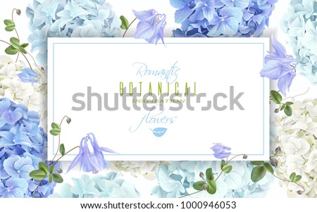 Vector horizontal banner with blue and white hydrangea flowers on white background. Floral design for cosmetics, perfume, beauty care products. Can be used as greeting card, wedding invitation