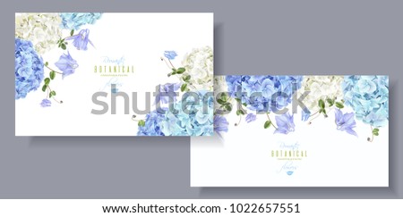 Vector horizontal banners with blue and white hydrangea flowers on white background. Floral design for cosmetics, perfume, beauty care products. Can be used as greeting card, wedding invitation