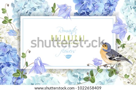 Vector horizontal frame with blue hydrangea flowers and bird