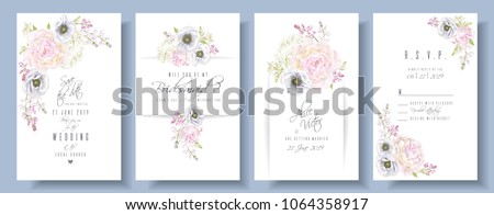 Vector wedding invitation set with peony, hydrangea and anemone flowers on white. Romantic floral design. Can be used for natural cosmetics, perfume, women products, greeting card, summer background
