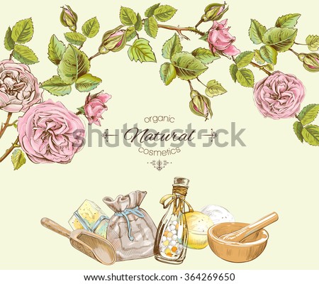 Rose natural cosmetic banner. Design for cosmetics, make up, store, beauty salon, natural and organic products. Vector illustration