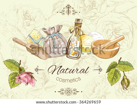 Natural cosmetic banner. Design for cosmetics, make up, store, beauty salon, natural and organic products. Vector illustration