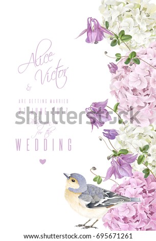 Vector vertical banner with hydrangea, bell flowers and cute bird on white. Floral design for cosmetics, perfume, beauty products. Best for greeting card, happy birthday card or wedding invitation