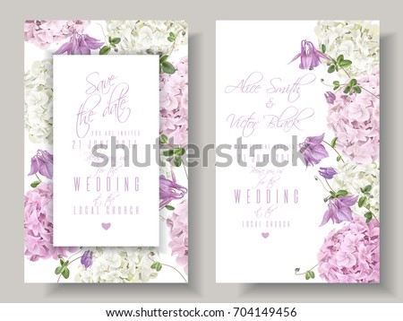 Vector wedding invitations with hydrangea and bell flowers on white background. Floral design for cosmetics, perfume, beauty care products. Can be used as greeting card