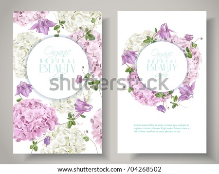 Vector natural cosmetic banners with hydrangea and bell flowers on white background. Floral design for cosmetics, perfume, beauty care products. Can be used as greeting card, wedding illustration