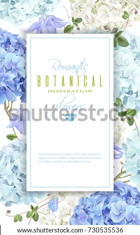 Vector vertical banner with blue and white hydrangea flowers on white background. Floral design for cosmetics, perfume, beauty care products. Can be used as greeting card, wedding invitation
