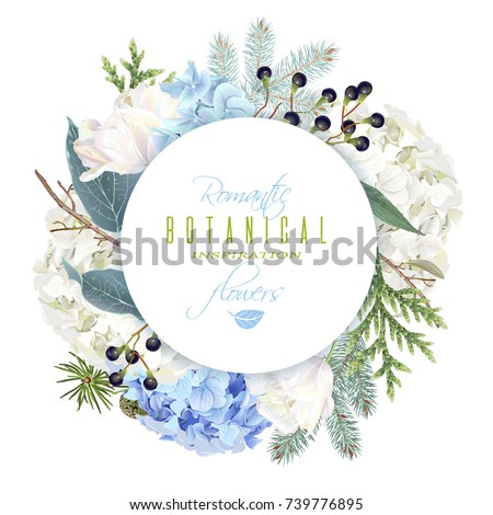 Vector round banner with hydrangea, tulip flowers, conifer branches on white. Romantic winter design for christmas, new year, wedding. Can be used for greeting card, party invitation, holiday sale