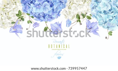 Vector horizontal border with blue and white hydrangea flowers on white background.