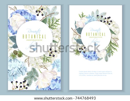 Vector floral banners with blue hydrangea, tulip flowers, conifer branches on white. Romantic winter design for christmas, new year. Can be used for greeting card, party invitation, holiday sale