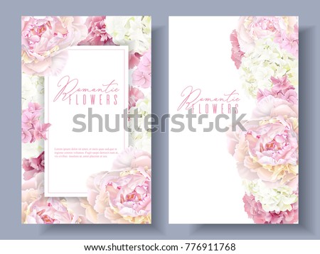 Vector botanical banners with pink peony and white hydrangea flowers. Romantic design for natural cosmetics, perfume, women products. Can be used as greeting card or wedding invitation