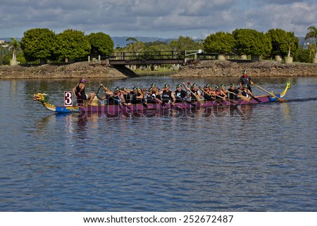 GOLD COAST, QUEENSLAND, AUSTRALIA-1st FEBRUARY 2015:-Dragon boat racing is a competitive team sport taking place at Emerald lakes, Gold Coast