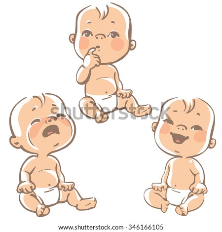 Set of baby emotion icons. Cartoon little babies 6-12 months, in diapers, sitting, laughing, crying, curious baby. Sad, happy, thoughtful kid. Sketchy style.  Colorful vector  illustration isolated.