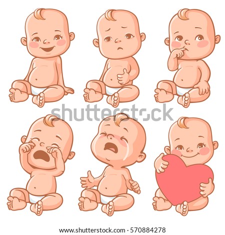 Set with cute little baby in diaper with different emotions. Various face expressions. Happy child, baby cry, toddler hold heart, sick child, sad boy, crying girl, screaming baby. Colorful vector.
