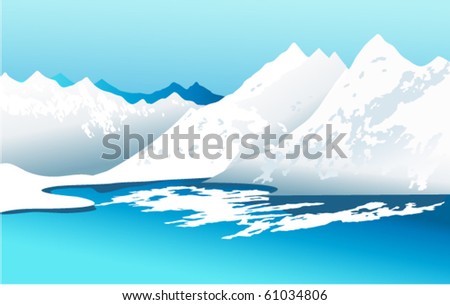 Winter landscape with high mountains and lake