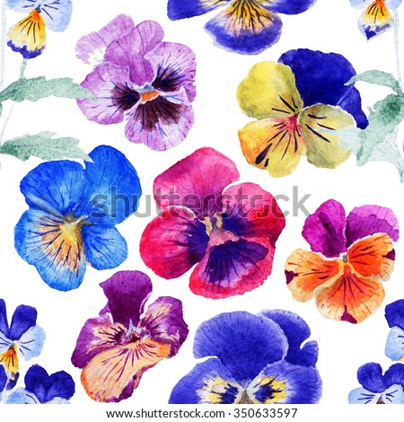 Watercolor illustration of Violet flowers. Seamless pattern. Watercolor Pansies. Seamless background of beautiful watercolor pansy.