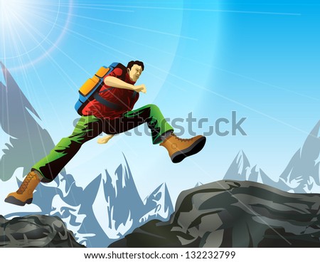 Man with backpack jump in mountains. Tourist jumps from rock to rock.