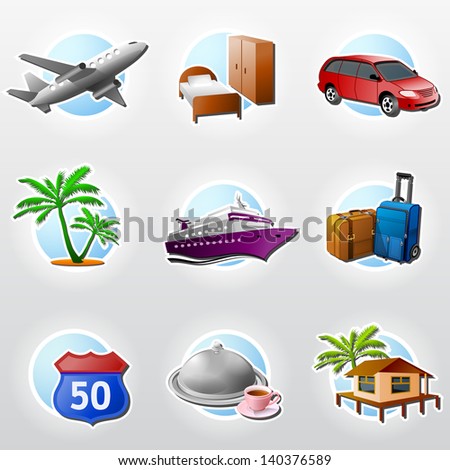 Set of travel icons. Collection of colored icons for tourism and vacation. Qualitative vector (EPS-10) symbols about travel, tourism, vacation, trip, booking, etc