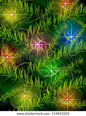 Christmas tree branches and light garland. New Year backdrop with pine branches and christmas lights. Illustration for new year\'s day, christmas, winter holiday, design, new year\'s eve, silvester, etc