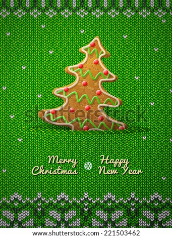 Christmas tree cookie on knitted background. Jumper fragment with holiday gingerbread. Qualitative illustration for christmas, new year\'s day, winter holiday, new year\'s eve, silvester, etc