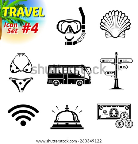Set of black-and-white travel icons. Vector collection of symbols for tourism and vacation. Qualitative vector signs about travel, hotel, tourism, vacation, trip, booking, etc. It has only solid color