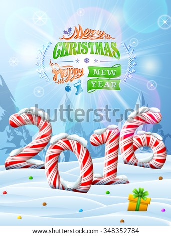 New Year 2016 in shape of candy stick in snow. Winter landscape with candies, gift box, congratulation. Illustration for new year\'s day, christmas, sweet-stuff, winter holiday, food, silvester, etc