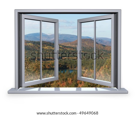 open white window with a view to the mountain