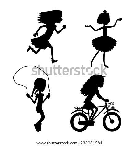 Vector illustration set with silhouette kids, go in for sports, run, dance, jump rope, ride a bicycle