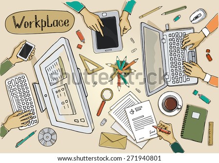 Concept of hand drawn business meeting and brainstorming. Items and elements, office things, objects and equipment for workplace design. Vector illustration set of business elements top view.